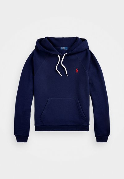 Marineblauwe hoodie van een katoenmix, met een buidelzak, gestructureerde stof, witte trekkoorden en een klein rood logo op de borst.