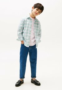 Camicia a quadri verde e bianca sopra una t-shirt a righe rosa; jeans in denim blu e mocassini neri; vestibilità casual.