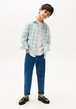Camicia a quadri verde e bianca sopra una t-shirt a righe rosa; jeans in denim blu e mocassini neri; vestibilità casual.