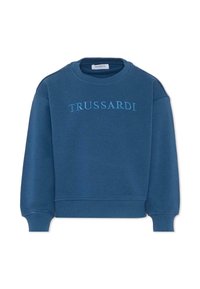 Felpa blu con scollo a girocollo, maniche lunghe, polsini e fondo a costine, e logo ricamato "TRUSSARDI" in contrasto azzurro chiaro.