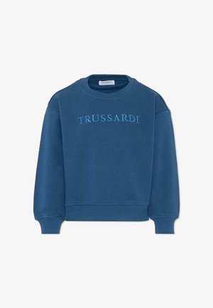 Blauwe sweatshirt met een ronde hals, lange mouwen, geribbelde boorden en onderkant, en geborduurd "TRUSSARDI" logo in contrasterend lichtblauw.