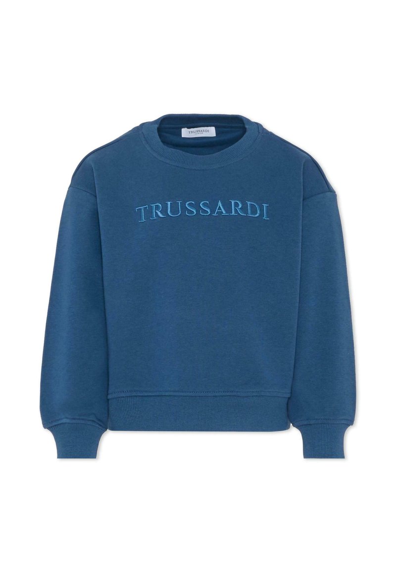 Felpa blu con scollo a girocollo, maniche lunghe, polsini e fondo a costine, e logo ricamato "TRUSSARDI" in contrasto azzurro chiaro.