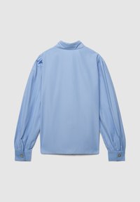 Camicia maniche lunghe azzurro chiaro con colletto alto, dettagli arricciati alle maniche e polsini con bottoni. Texture del tessuto liscia.