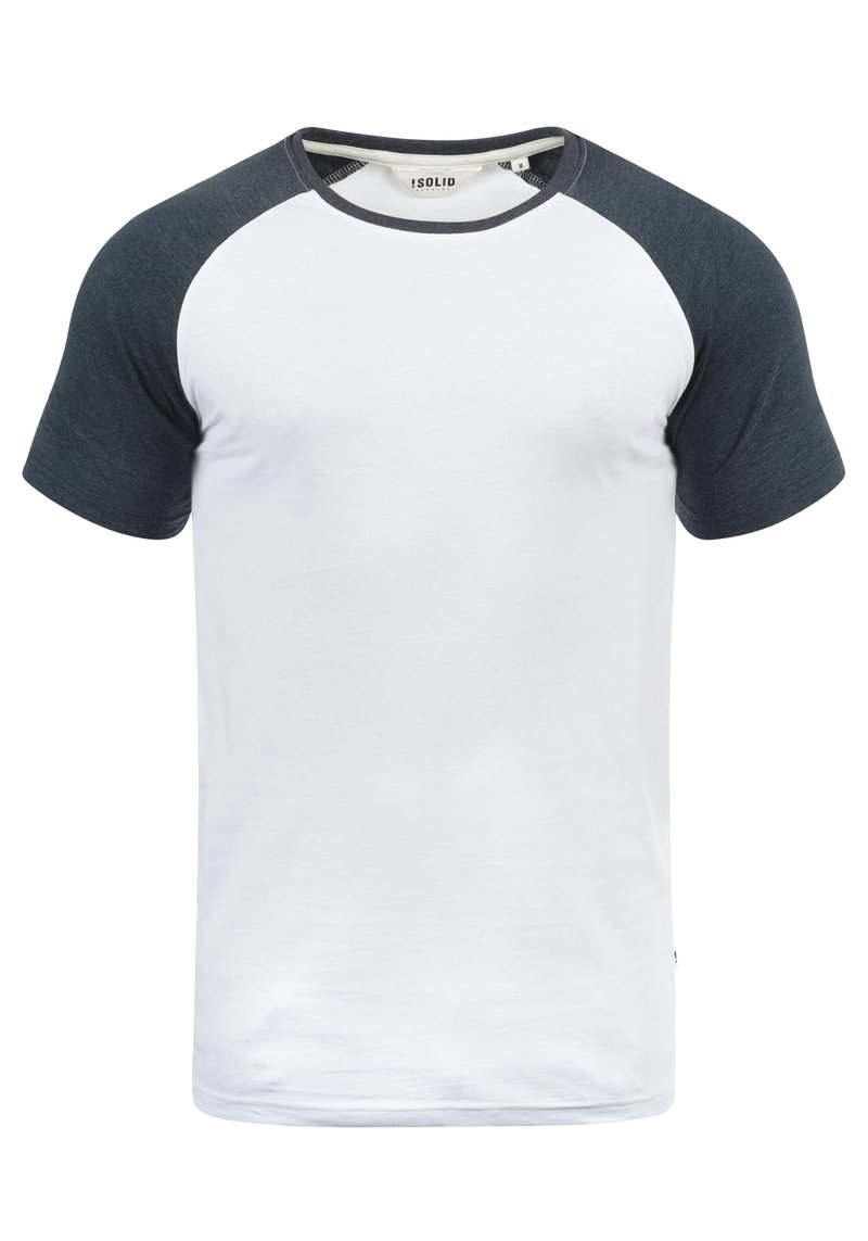 Majica s kratkimi rokavi, bela osnova in temno sive raglan rokavi. Ima okrogel izrez in gladko, mehko bombažno tkanino.