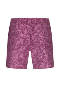Shorts de bain violets avec un motif de feuilles, taille élastique et coupe décontractée. Fabriqués en tissu léger, conçus pour le confort.