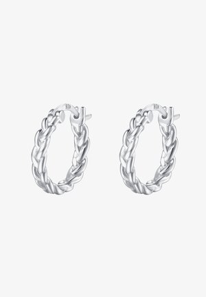 Orecchini a cerchio in argento con design intrecciato e finitura lucida. Le chiusure sono integrate nella forma circolare.