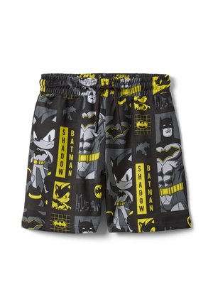Schwarze Shorts mit gelben und grauen Comic-ähnlichen Shadow Batman- und Batman-Grafiken und Logos, ausgestattet mit einem elastischen Bund und Kordelzug.