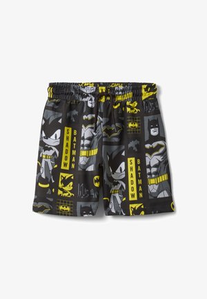 Schwarze Shorts mit gelben und grauen Comic-ähnlichen Shadow Batman- und Batman-Grafiken und Logos, ausgestattet mit einem elastischen Bund und Kordelzug.