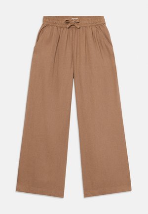 Pantaloni largi culoarea bronz cu talie elastică și șiret frontal, cu buzunare laterale și croială lejeră.