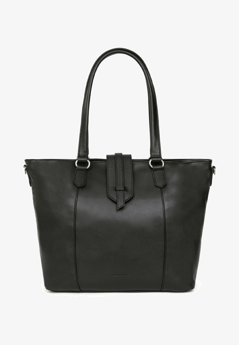 Mustat nahkatoteut, joissa on kaksi pitkää kahvaa, keskeinen neppari ja sileä pinta. Varustettu hopeisilla yksityiskohdilla ja rakenteellisella muotoilulla.