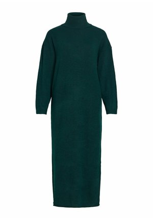 Vestido de punto, de manga larga y cuello alto en un profundo tono verde azulado. Presenta una silueta recta con puños acanalados y una textura sólida.