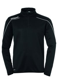 Pullover nero a maniche lunghe con zip quarti e colletto rialzato. Presenta piping bianco sulle spalle e un logo sul lato sinistro. Tessuto dalla consistenza morbida.
