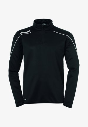 Sort langærmet pullover med kvart lynlås og høj krave. Har hvid skulderpiping og et logo på venstre side. Blødt stofs texture.