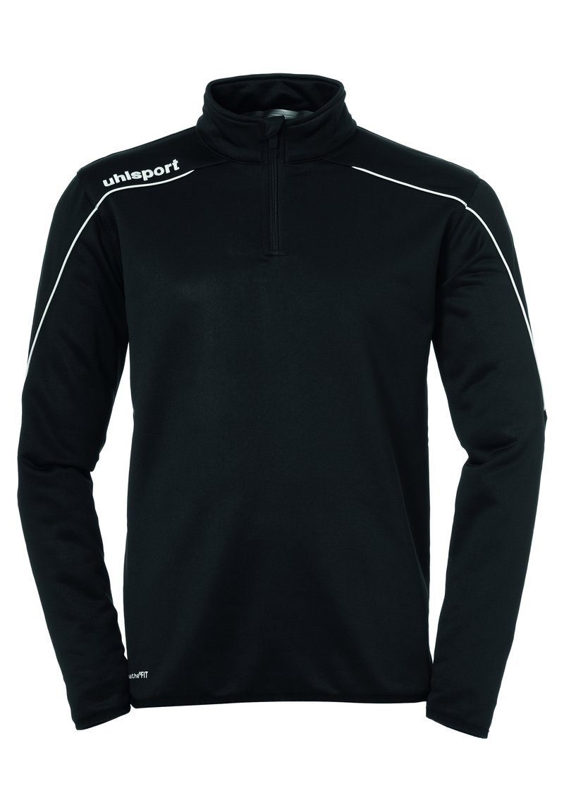 Pullover nero a maniche lunghe con zip quarti e colletto rialzato. Presenta piping bianco sulle spalle e un logo sul lato sinistro. Tessuto dalla consistenza morbida.