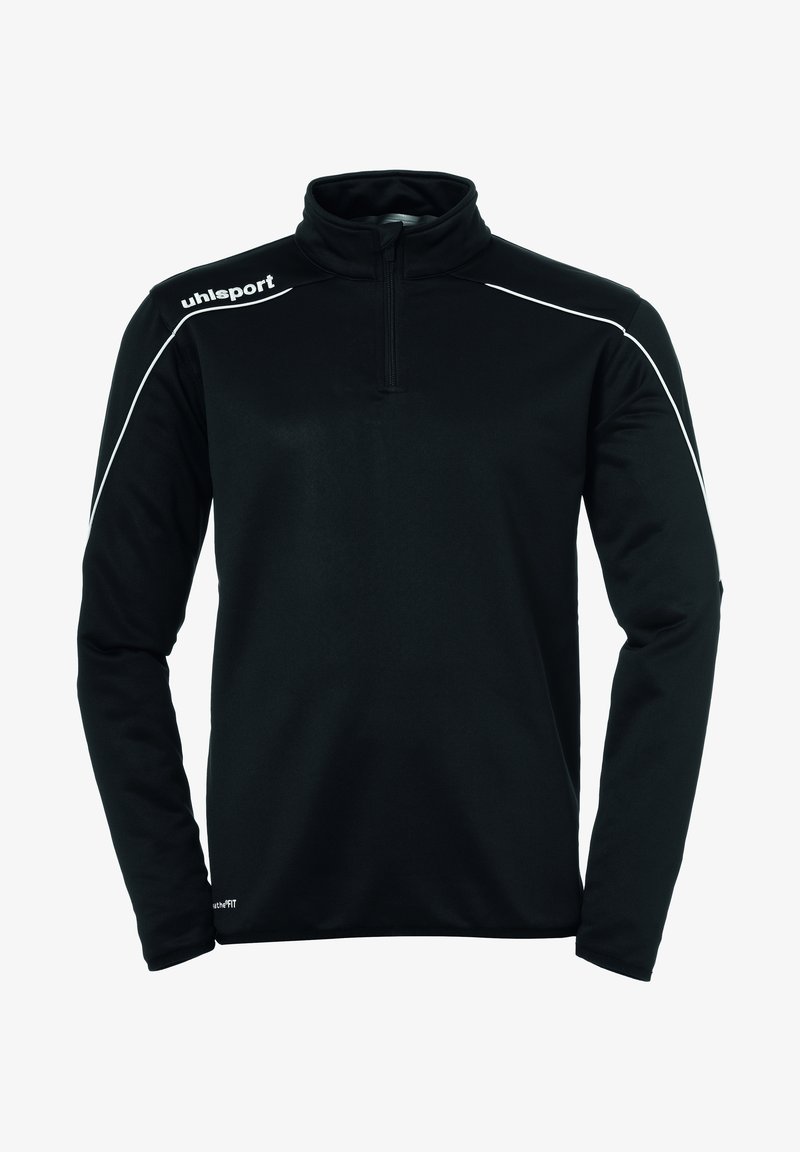 Pullover nero a maniche lunghe con zip quarti e colletto rialzato. Presenta piping bianco sulle spalle e un logo sul lato sinistro. Tessuto dalla consistenza morbida.