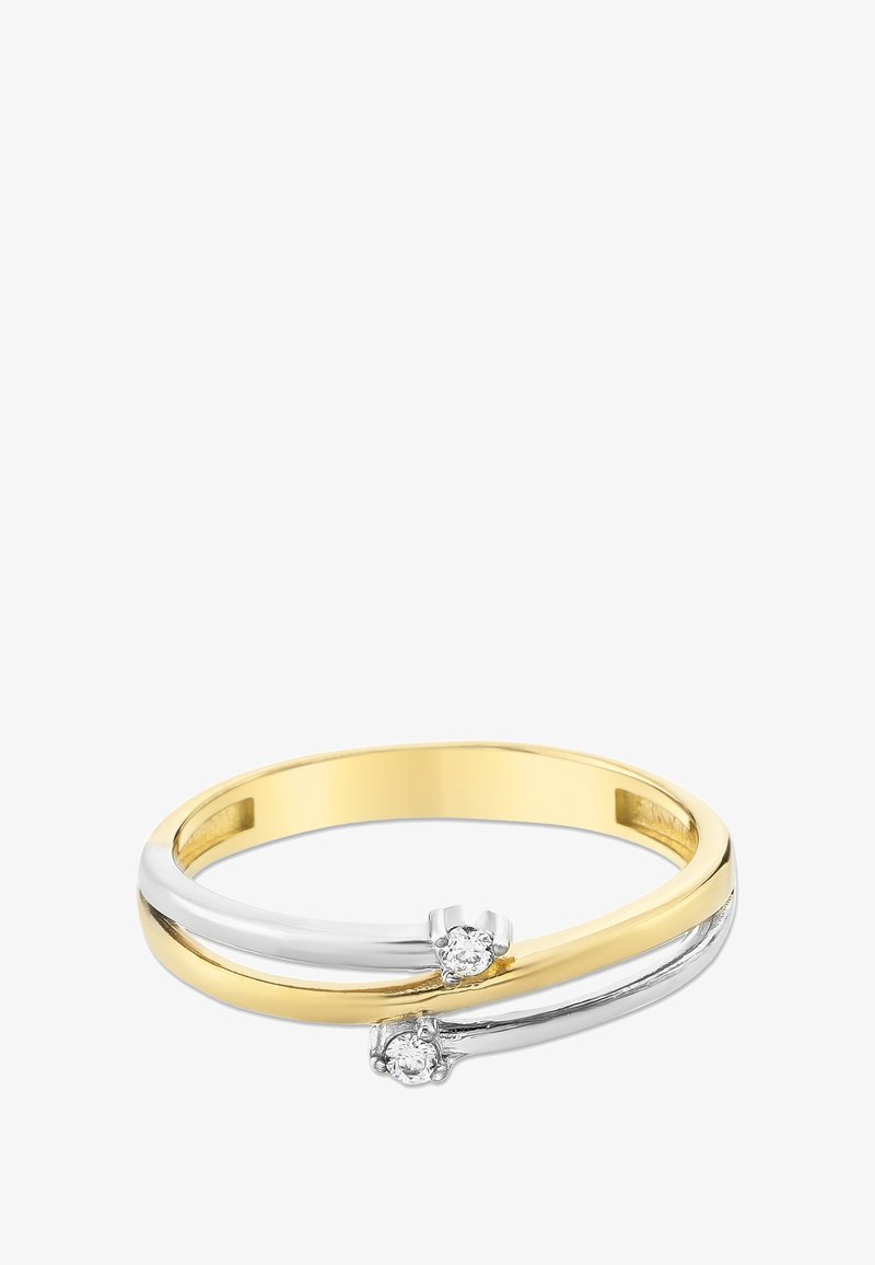 Bague en or et argent bicolore avec deux petits diamants ronds là où les anneaux se chevauchent, créant un design croisé.