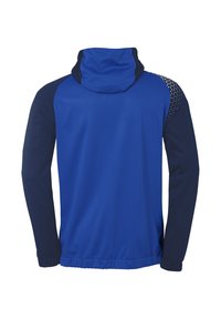 Blauwe capuchonjas met marineblauwe mouwen, voorzien van een gladde textuur en gestreepte schouderaccenten. Ontworpen voor actieve kleding.