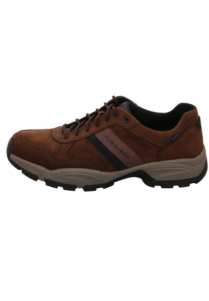 Braune Wildleder Schuhe mit schwarzen und grauen Akzenten, abgerundete Zehenform und Schnürdesign. Strukturierte Außensohle sorgt für Traktion.