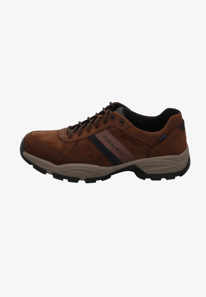 Braune Wildleder Schuhe mit schwarzen und grauen Akzenten, abgerundete Zehenform und Schnürdesign. Strukturierte Außensohle sorgt für Traktion.