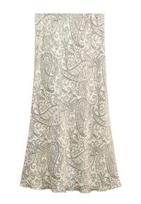 Let nederdel i cremefarvet stof med indviklede grå paisley-mønstre, udvidet form og glat tekstur. Kantlinjen falder blødt.