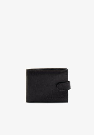 Black leather wallet featuring a textured surface, rectangular shape, and a snap closure. Displays embossed logo on the front side.