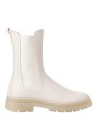 Bottines blanches à chevilles avec une tige en cuir lisse, des panneaux latéraux élastiques et une semelle translucide épaisse. Présente un minimum de coutures et une languette de tirage.