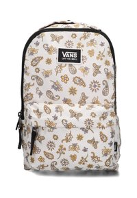 Witte rugzak met een herhalend bloemen- en paisleypatroon in goud en paars. Beschikt over een bovenste rits en een voorvak, met verstelbare schouderbanden.