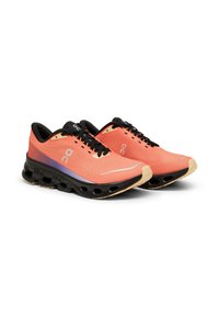 Lightweight running shoes in coral and black, featuring a breathable mesh upper, contrasting sole design, and a cushioned midsole for support.