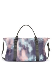Large bag made of lightweight fabric featuring a tie-dye pattern in pink, blue, and purple. Includes sturdy gray straps and hardware.