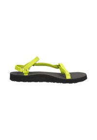 Sandalias de tiras de nailon amarillas con suela de goma negra texturizada, que cuentan con tiras ajustables para un ajuste seguro y un diseño plano.