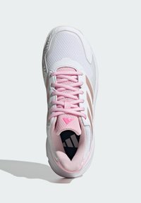 White athletic shoe with pink accents, featuring mesh panels, a textured toe cap, and three stripes logo on the side. Standard lacing system.