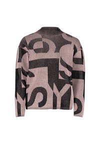 Strickjacke in Pink und Schwarz, mit großen abstrakten Buchstaben, gerippter Textur und hohem Kragen, langen Ärmeln und lässiger Passform.