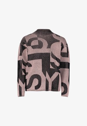 Sweter kardigan w kolorze różowym i czarnym, z dużymi abstrakcyjnymi literami, strukturalnym splotem oraz wysokim kołnierzem, długimi rękawami i luźnym krojem.