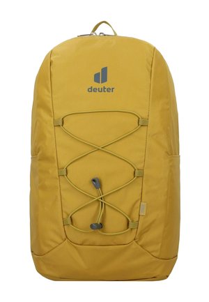 Sac à dos jaune avec design de cordon élastique, fabriqué en tissu durable. Présente un logo à l'avant, des poches latérales et une poignée de transport supérieure.