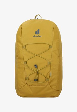 Geel rugzak met elastisch koordontwerp, gemaakt van duurzaam materiaal. Kenmerkt een logo aan de voorkant, zijvakjes en een handvat aan de bovenkant.
