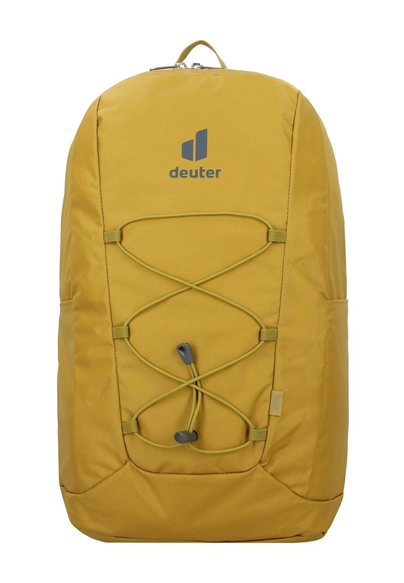 Mochila amarilla con diseño de cordón elástico, fabricada en tejido duradero. Presenta un logo en la parte frontal, bolsillos laterales y un asa superior para llevar.