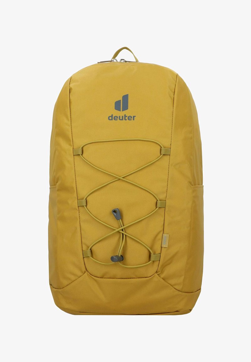 Gelber Rucksack mit elastischem Kordel-Design, aus strapazierfähigem Material gefertigt. Verfügt über ein Logo auf der Vorderseite, Seitentaschen und einen Tragegriff an der Oberseite.