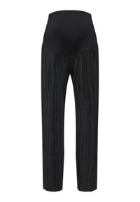 Μαύρο παντελόνι εγκυμοσύνης με απαλό, ελαστικό ζωνάρι και πλισέ υφή, με κωνικό σχήμα στα πόδια και άνετη εφαρμογή.