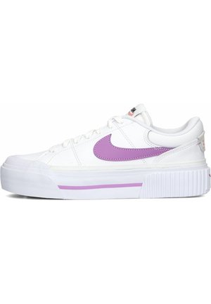 White sneakers with a purple swoosh, featuring a textured rubber sole, round toe, lace-up front, and a thick platform midsole.
