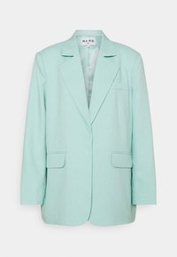 Blazer verde menta con una texture liscia, revers a punta, taschino sul petto singolo e due tasche frontali. Vestibilità sartoriale, interno non foderato.