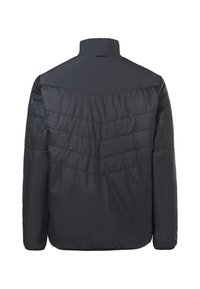 Doudoune noire avec un col haut, un motif matelassé horizontal dans le dos et des poignets élastiqués aux manches.