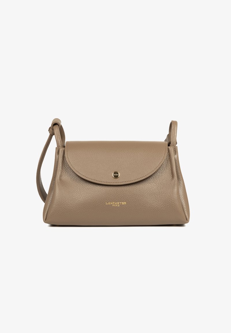 Taupe leather Lancaster Paris shoulder bag with flap closure and adjustable strap on white background.