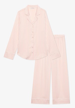 Lys pink stribet pyjamasæt bestående af skjorte med lange ærmer og knaplukning samt matchende bukser med elastisk talje, blødt stof og kontrasterende trim-detaljer.