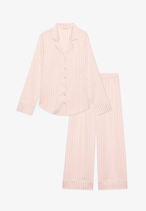 Lys pink stribet pyjamasæt bestående af skjorte med lange ærmer og knaplukning samt matchende bukser med elastisk talje, blødt stof og kontrasterende trim-detaljer.