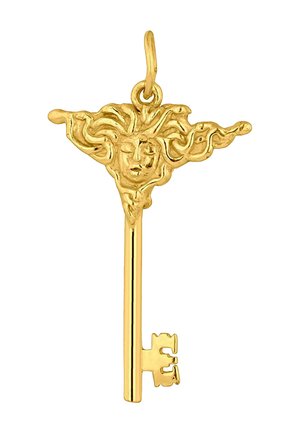 Colgante en forma de llave dorada con un diseño de cara de Medusa en la parte superior, con pelo ondulante, un vástago estrecho y un lazo ornamentado con dientes distintivos.