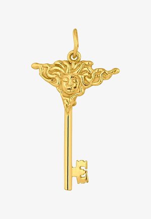 Colgante en forma de llave dorada con un diseño de cara de Medusa en la parte superior, con pelo ondulante, un vástago estrecho y un lazo ornamentado con dientes distintivos.