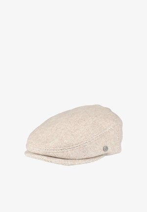 Beige herringbone-patterned cap with a flat crown, curved brim, and a small metal logo detail on the side. Made from textured fabric.
