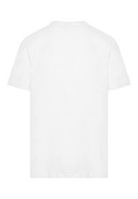 Weißes Baumwoll-T-Shirt, kurze Ärmel, Rundhalsausschnitt, lockere Passform, glatte Textur, keine Muster oder Verzierungen, sichtbare Nähte entlang der Kanten.