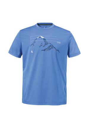 Blaues T-Shirt mit kurzen Ärmeln, Berggrafik und dem Text „ICH LADEN MEINE ENERGIE WIEDER AUF“ auf der Brust.