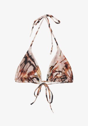 Top bikini triunghi cu model tie-dye în nuanțe de maro, negru și bej, prevăzut cu șnururi reglabile la gât și la spate pe fundal alb.